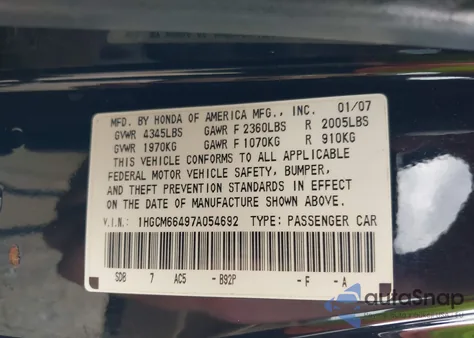 2007 Honda Accord 3.0 Se from USA, damaged, VIN 1HGCM66497A054692